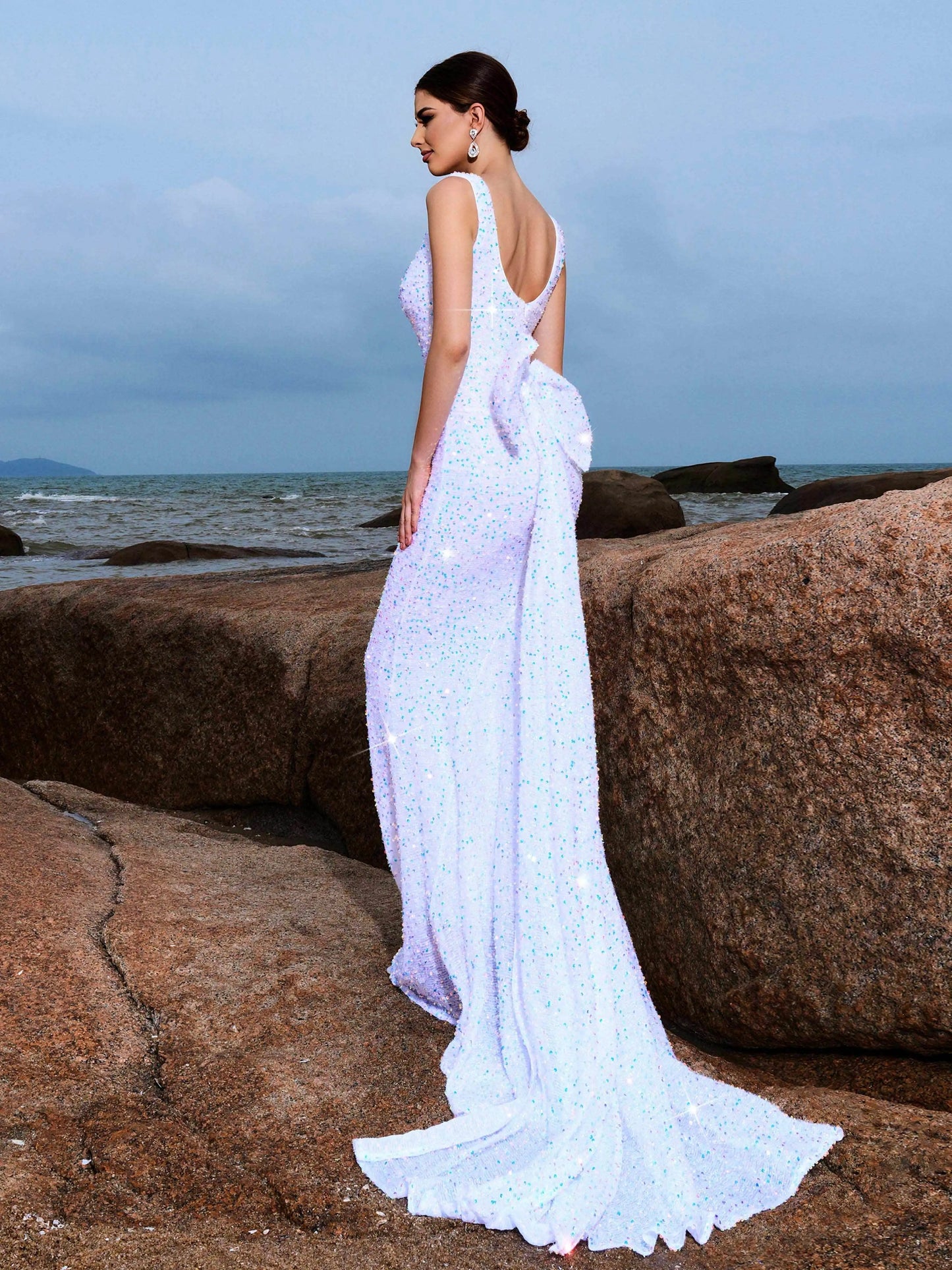 Slash Neck Sequin Bow Draped Mermaid Maxi Dress