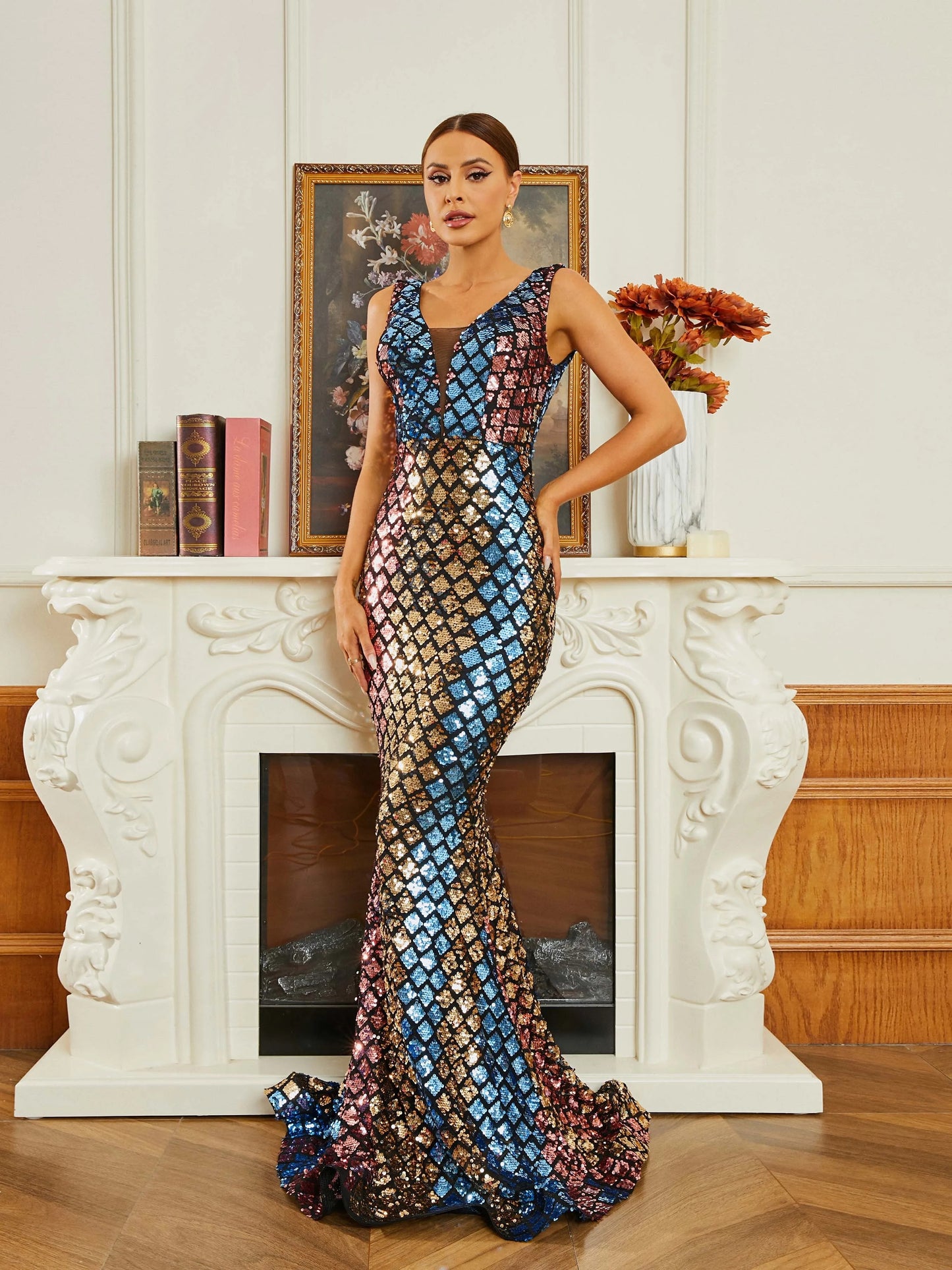 V Neck Backless Geometric Sequin Mermaid Formal Maxi Dress