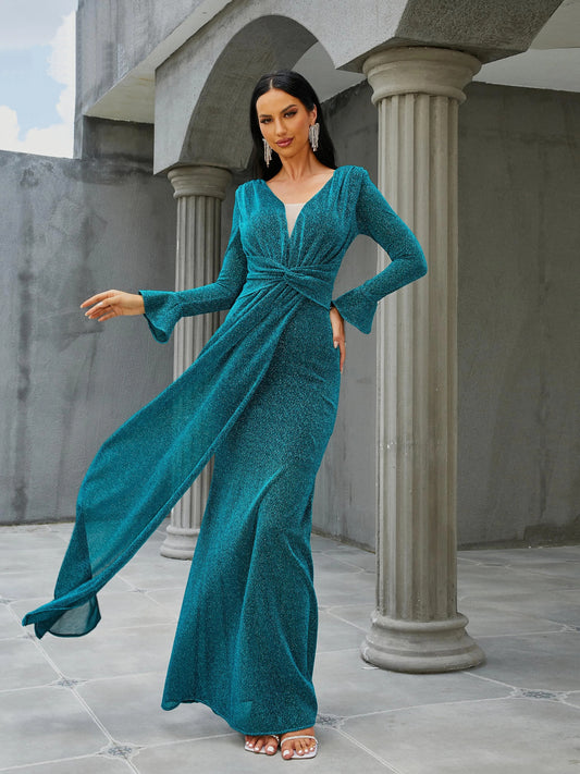 Deep V Neck Long Sleeve Mermaid Formal Prom Maxi Dress