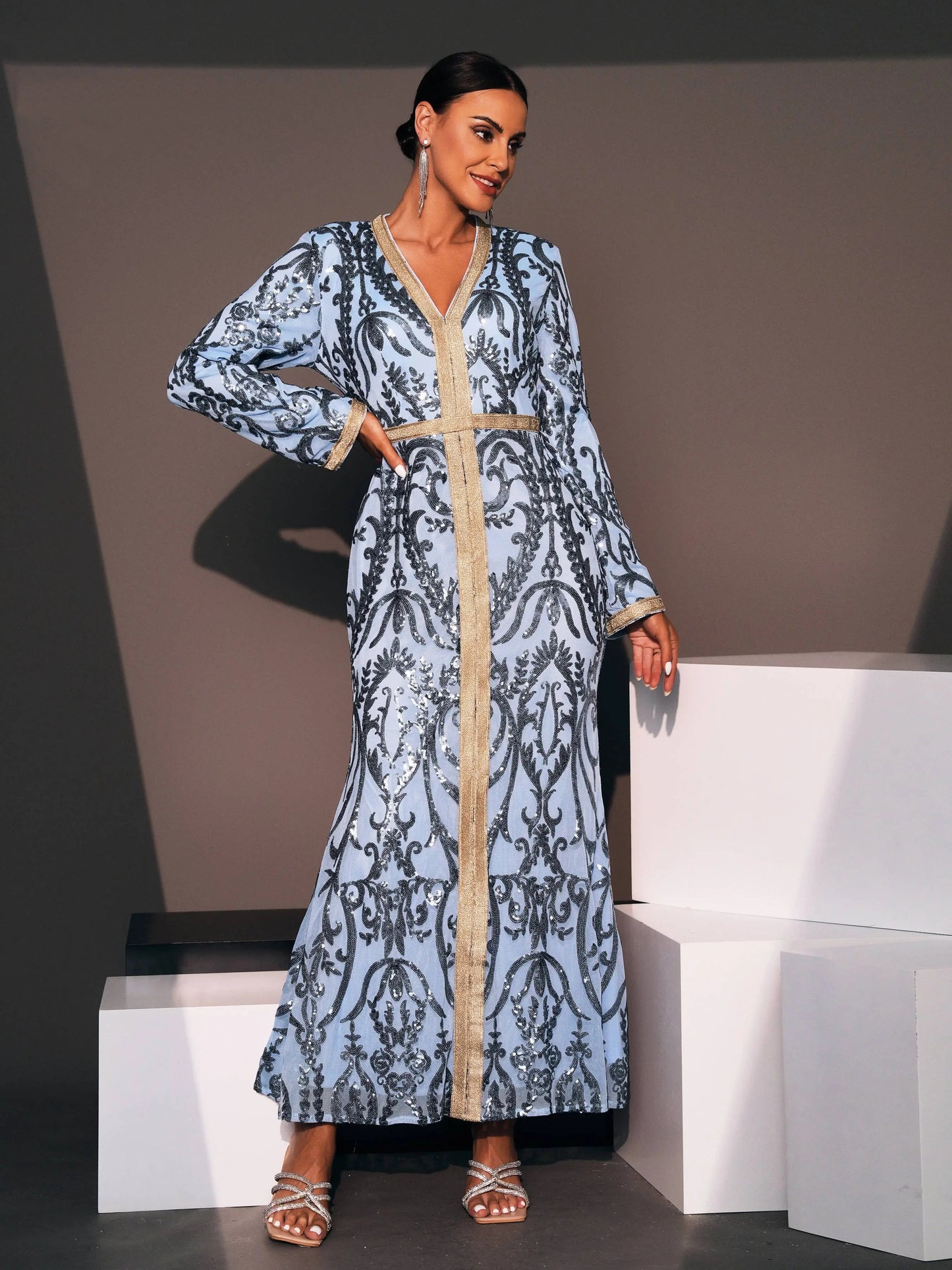 V-Neck Kaftan Robe Gown Geometric Pattern Maxi Dress