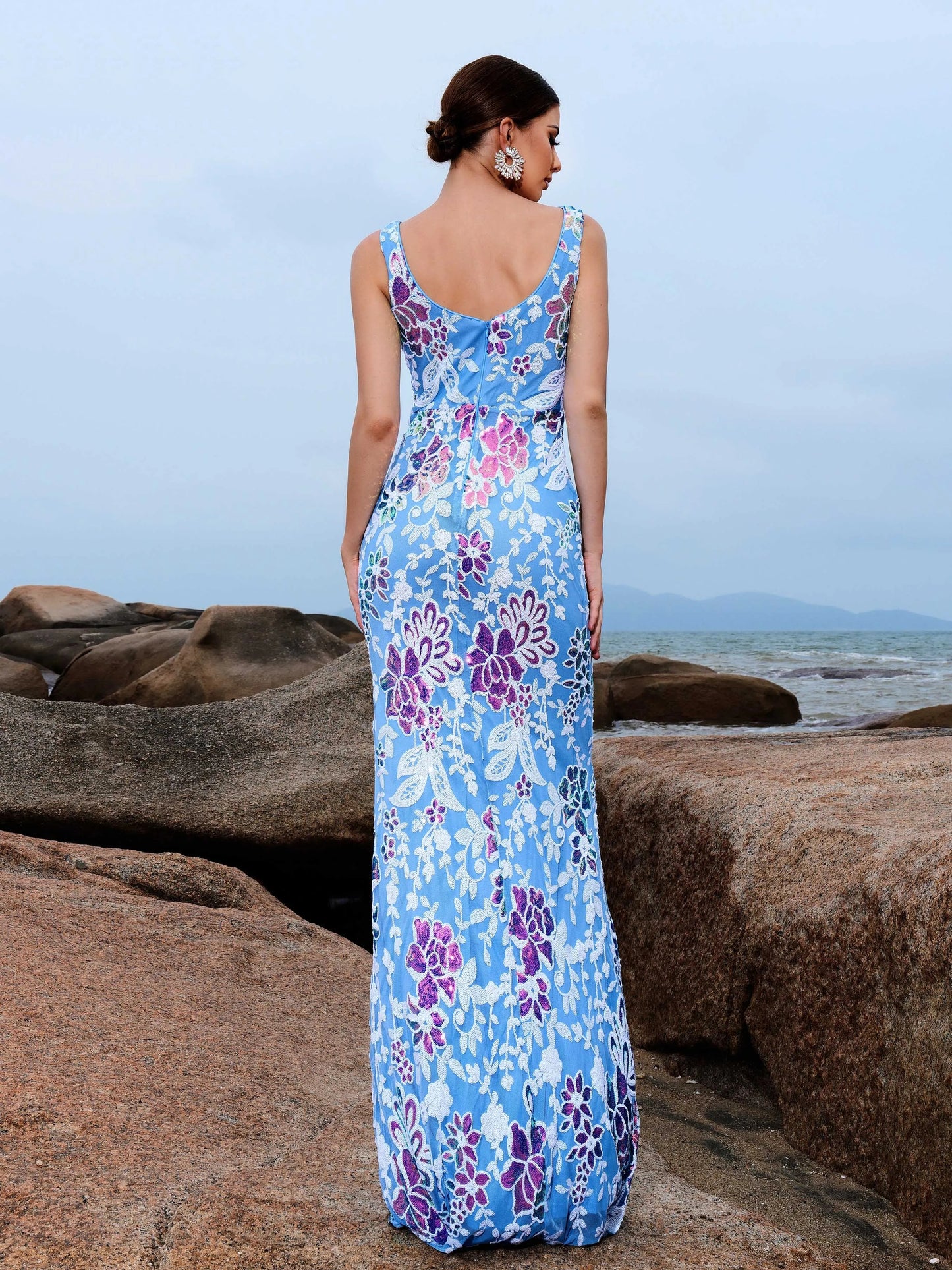 Light blue Chic V Neck Sequin Mermaid Maxi Dress