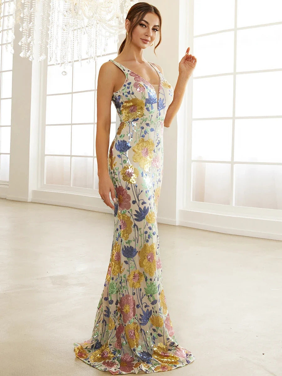 Floral Sequins Contrast Mesh Mermaid Sleeveless Prom Maxi Dress