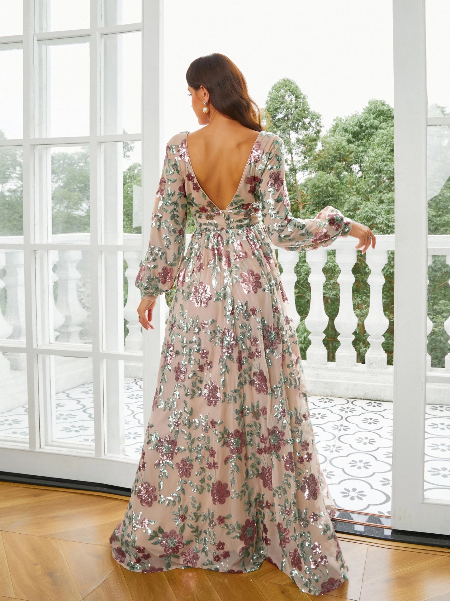 Long Sleeve V Neck A Line Floral Print Prom Maxi Dress