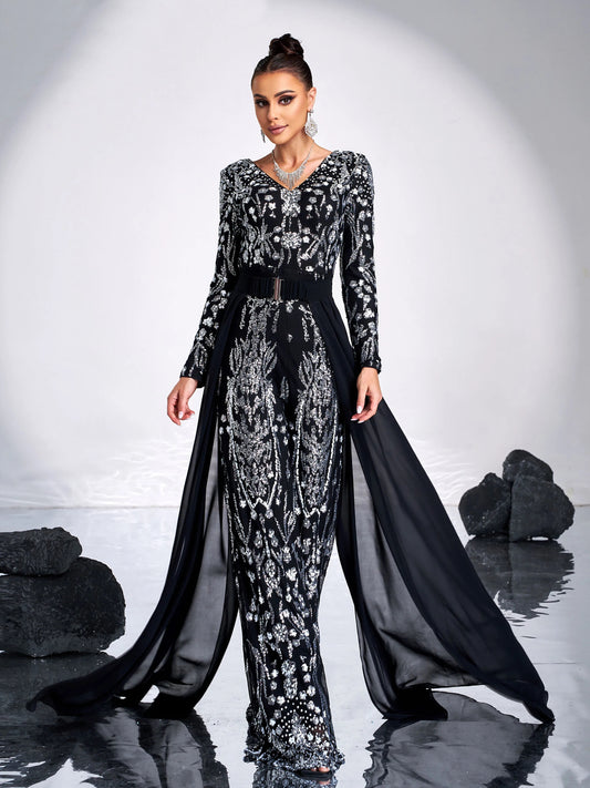 V Neck Long Sleeved Sequin Luxury Formal Draped Maxi Jumpsuit