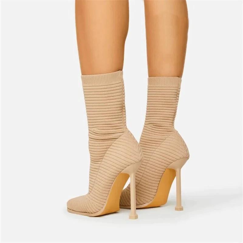 Knit Stretch Fabric Square Toe Elastic High Heel Sock Boots