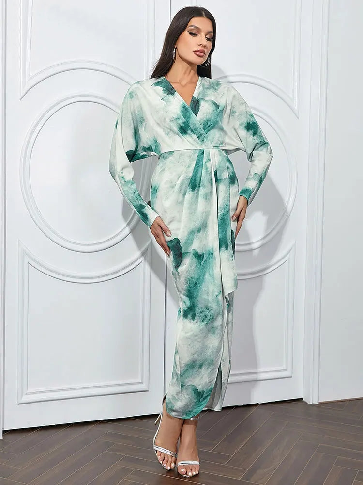 Tie Dyed V-neck Bat Sleeve Slim Fit Asymmetric Maxi Dress