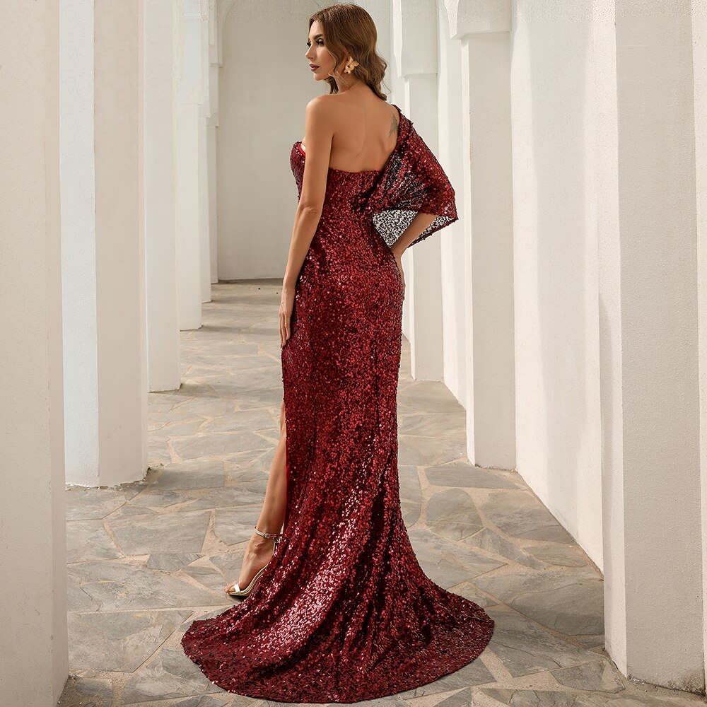 One Shoulder Sequins High Split Backless Floor Length Maxi Dress