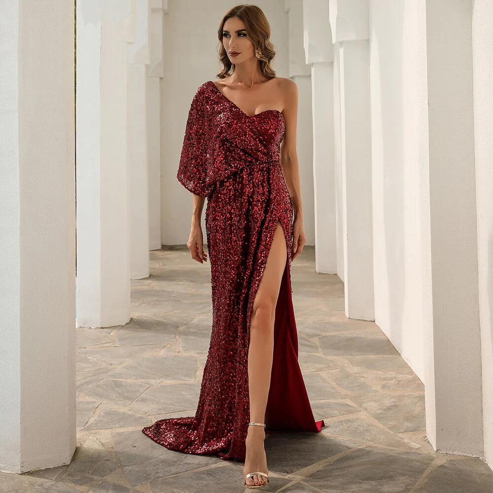 One Shoulder Sequins High Split Backless Floor Length Maxi Dress