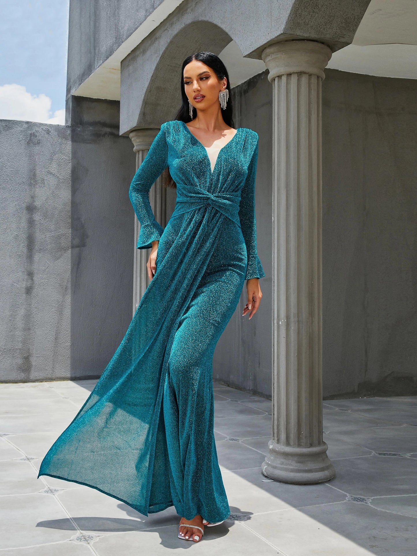 Deep V Neck Long Sleeve Mermaid Formal Prom Maxi Dress