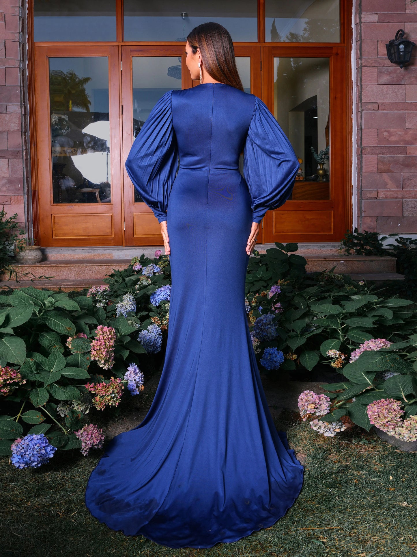 V Neck Lantern Sleeves Blue Mermaid Prom Maxi Dress