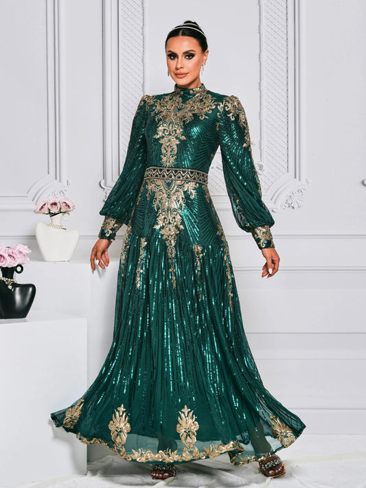 O-Neck Embroidery Super Long Sleeve High-End Robe Maxi Dress