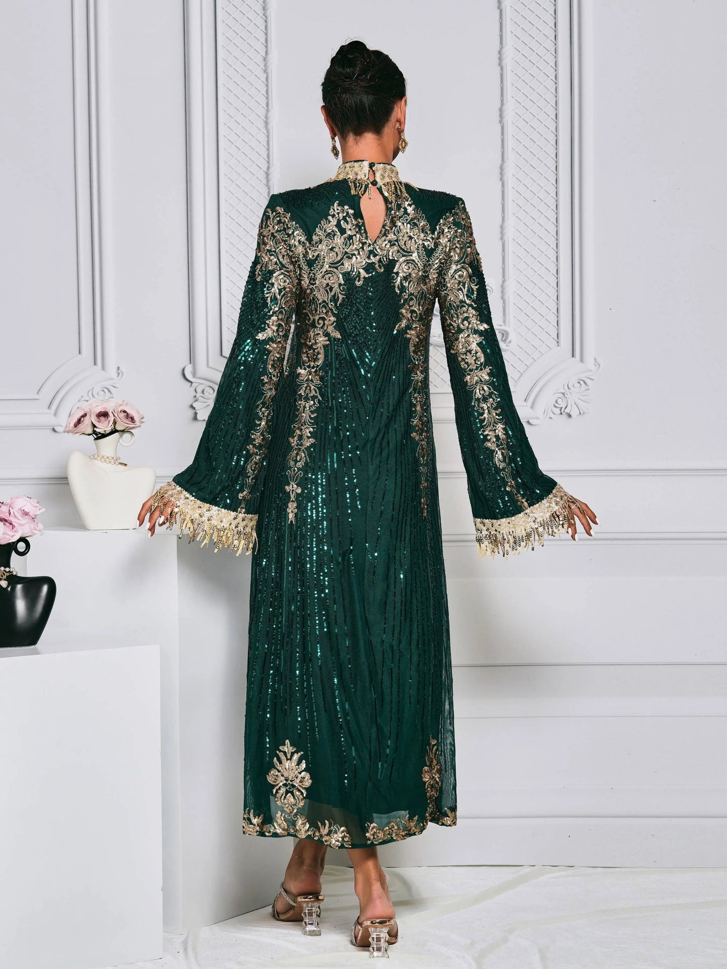 Regular Sleeves Vintage Embroidered Robe Mid Dress