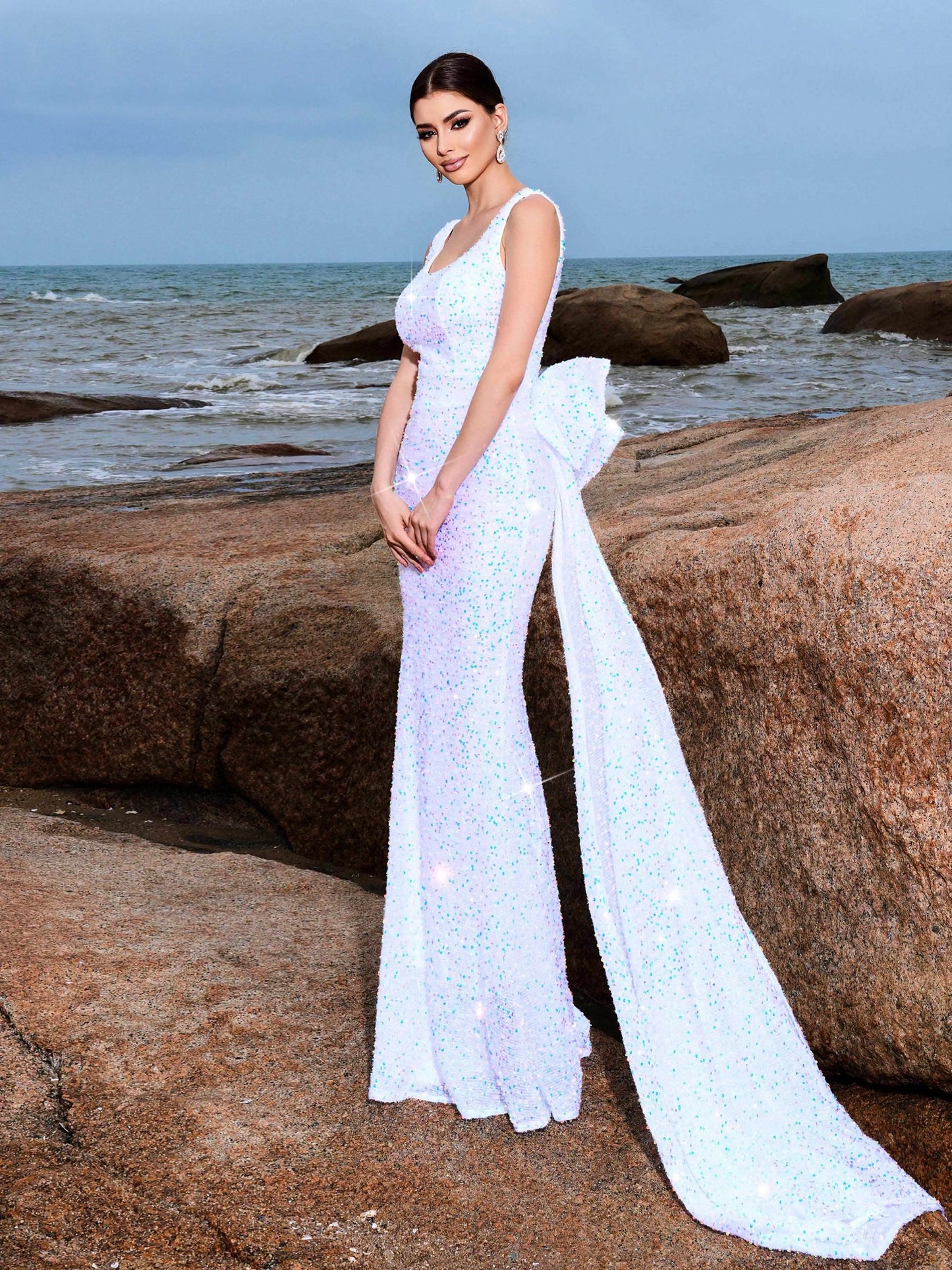 Slash Neck Sequin Bow Draped Mermaid Maxi Dress