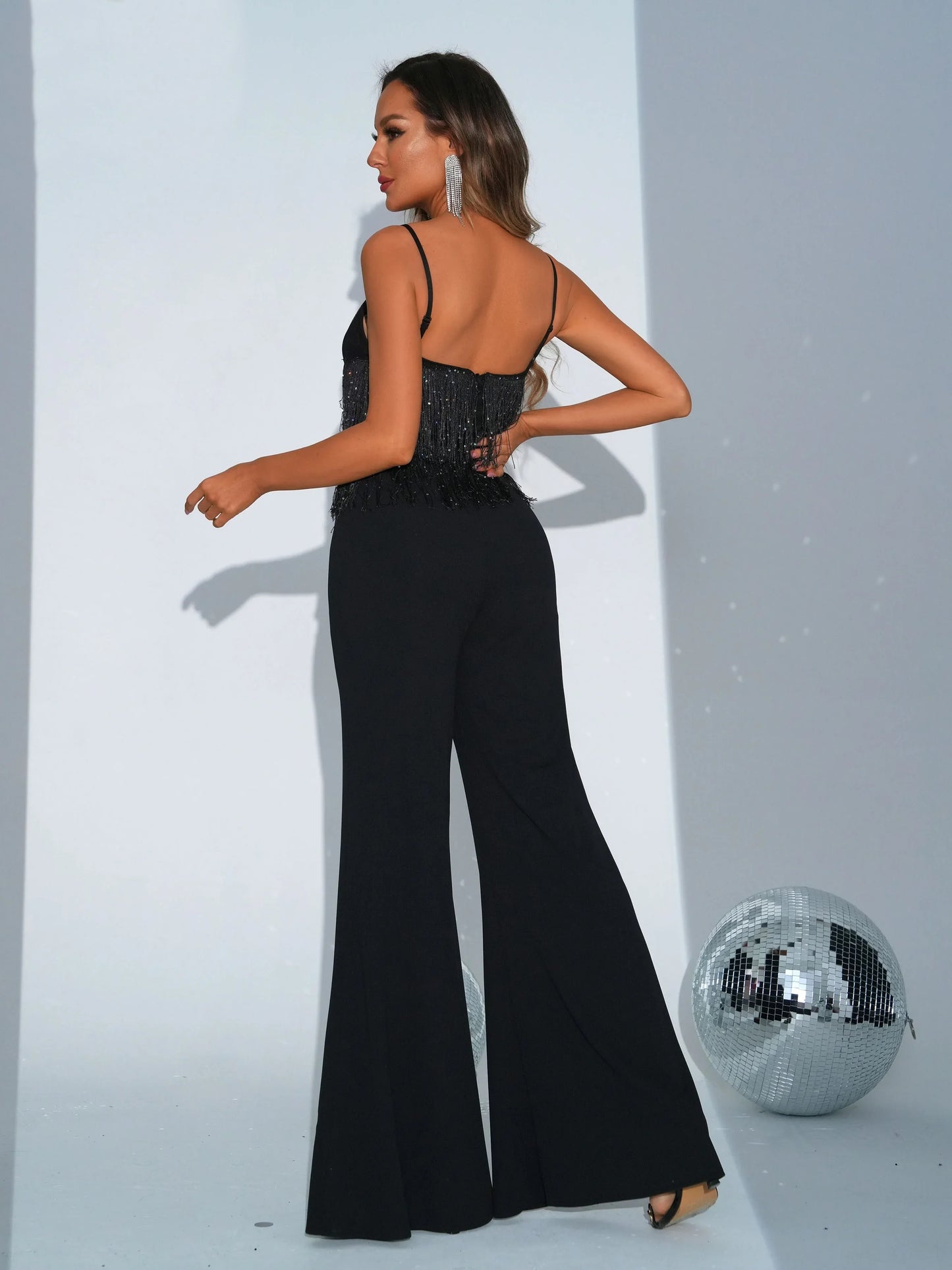 Flared Spaghetti Strip Tassel Formal Maxi jumpsuit