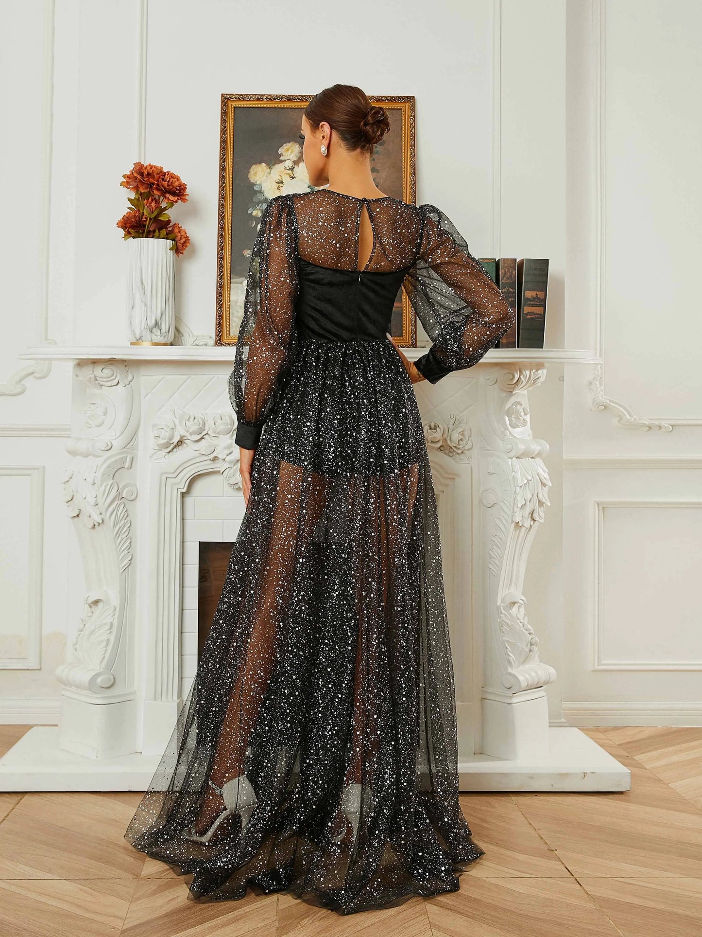 O Neck Long Sleeve Lace Ruffled A Line Formal Maxi Dress