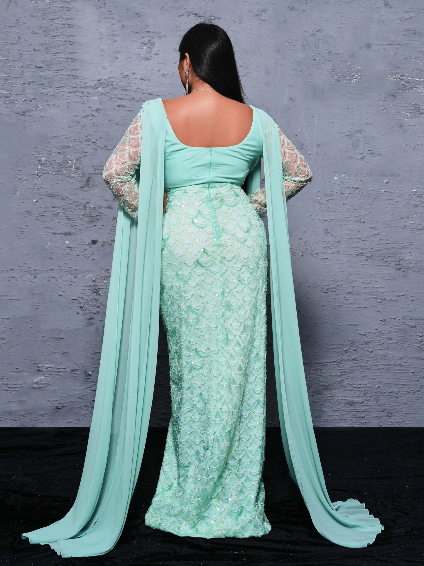 Sequin Flowing Sleeve V Neck Panel Mermaid Maxi Dress