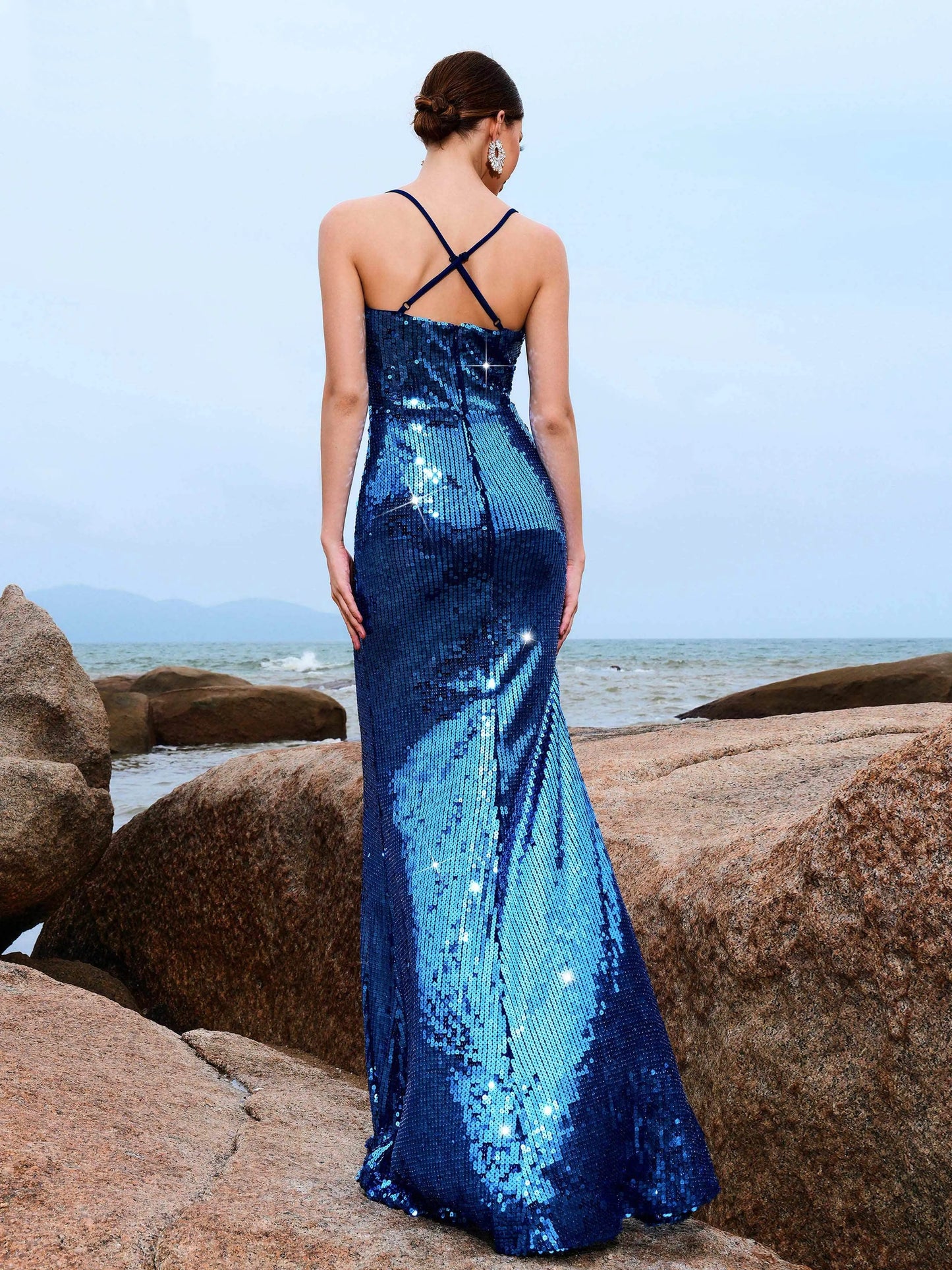 Spaghetti Sequin Split Formal Occasion Maxi Dress