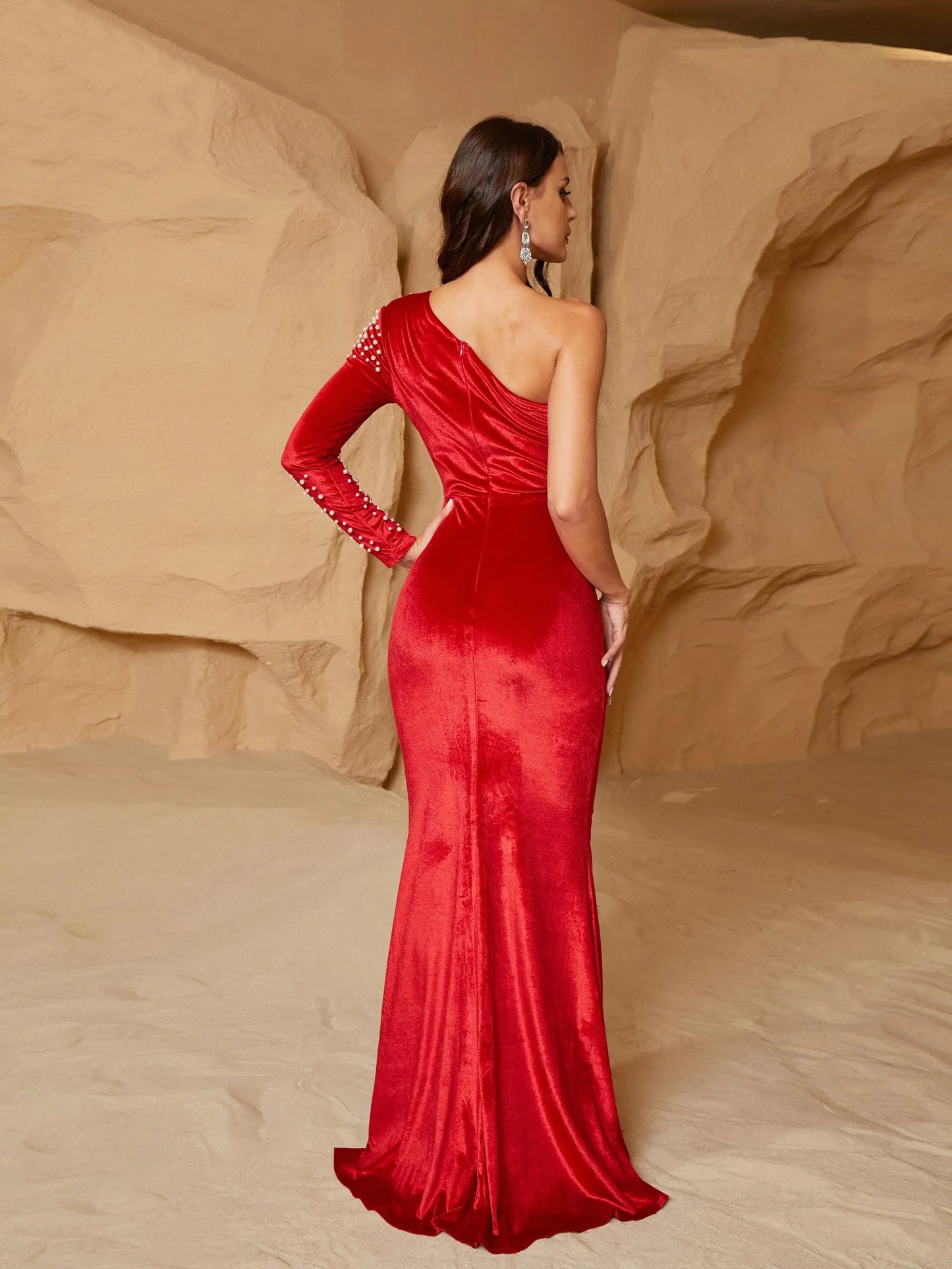 Velvet Asymmetric One Shoulder Ruched Cut-out Prom Mermaid Maxi Dress
