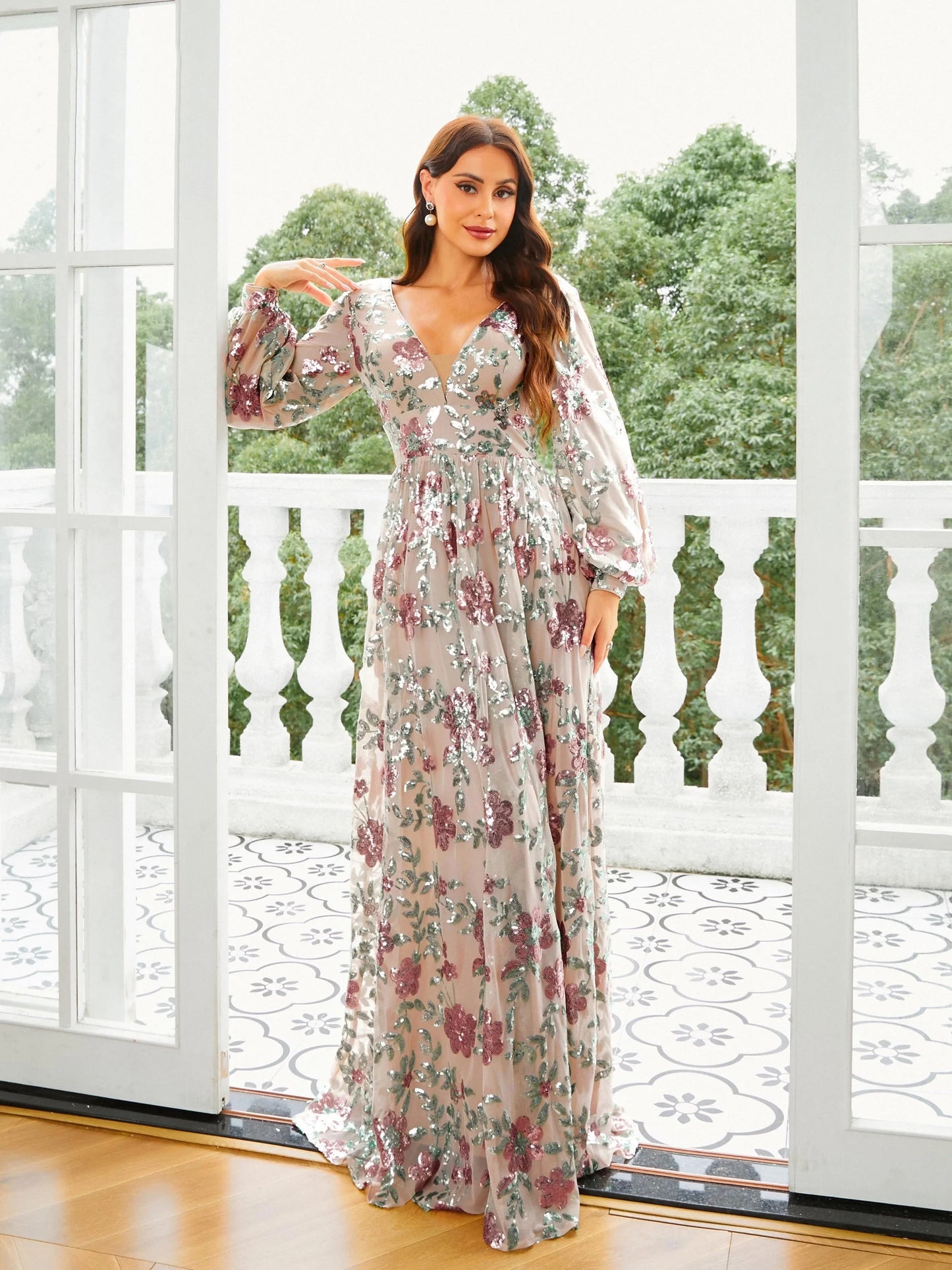 Long Sleeve V Neck A Line Floral Print Prom Maxi Dress