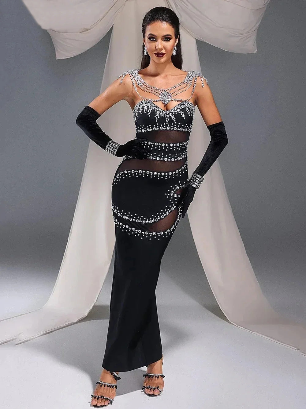 Strapless Diamond Chain Mesh Patchwork Bandage Maxi Dress