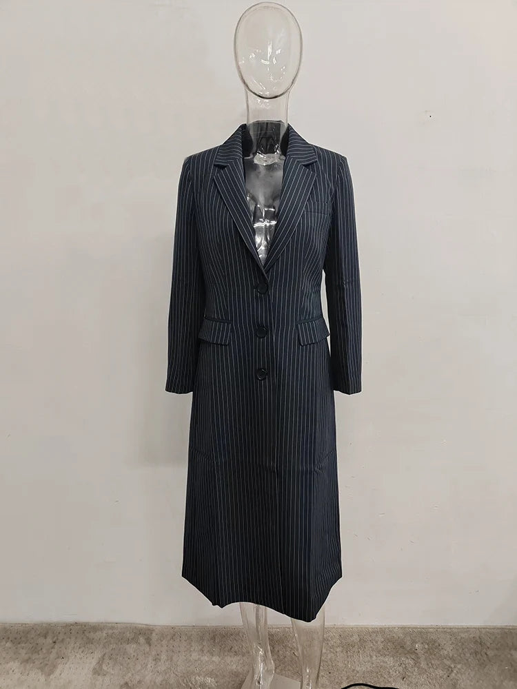 Stripe Notched Collar Long Sleeves Single Breasted Pockets Slim Long Coat