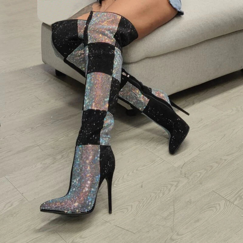 Patchwork Crystal High Heels Over The Knee Boots