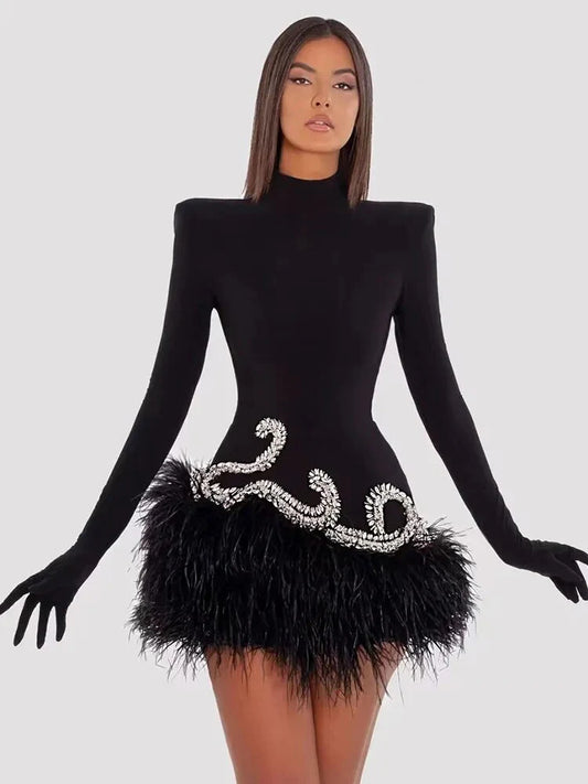 Turtleneck Long Sleeve Crystal Decor Velvet Feather Mini Dress