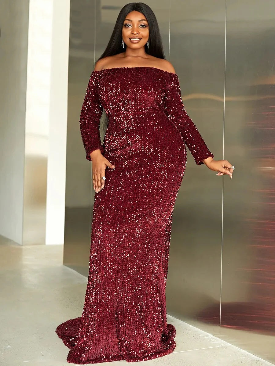 Off Shoulder Sequin Long Sleeves Backless Mermaid Maxi Dress