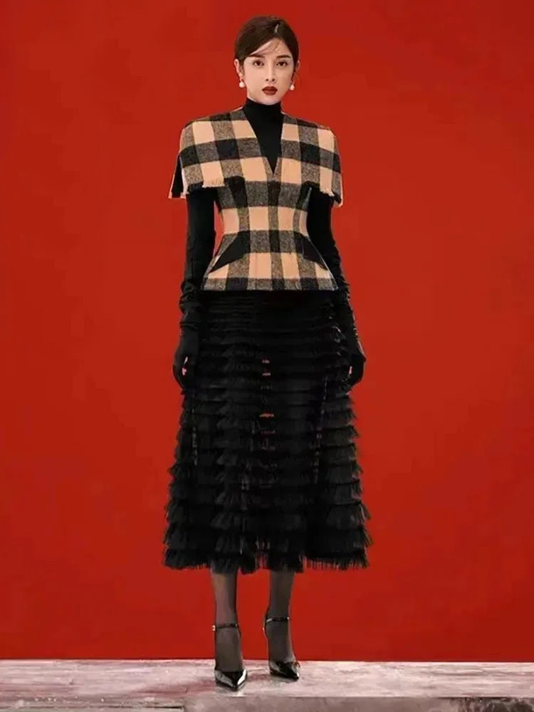 V Neck Pullover Plaid Woollen High Collar Bottom Tops Mesh Tassel Mid Skirt Sets