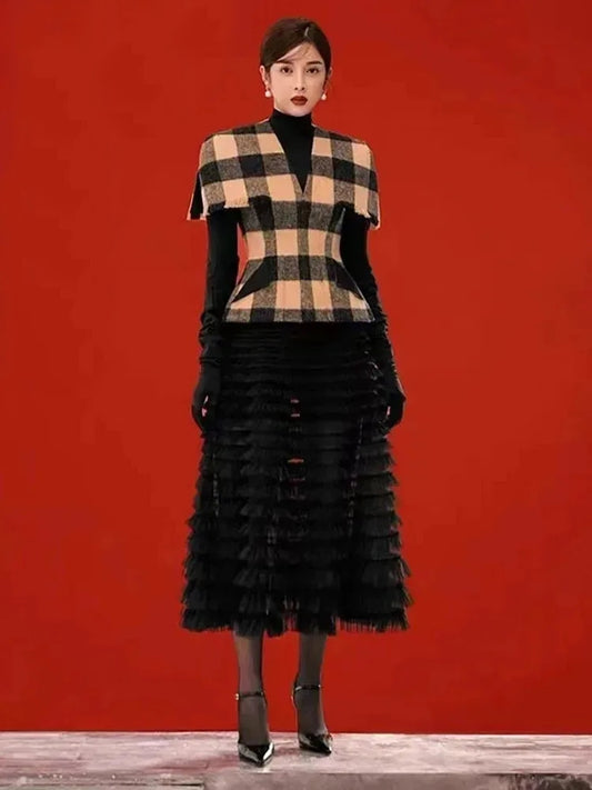 V Neck Pullover Plaid Woollen High Collar Bottom Tops Mesh Tassel Mid Skirt Sets