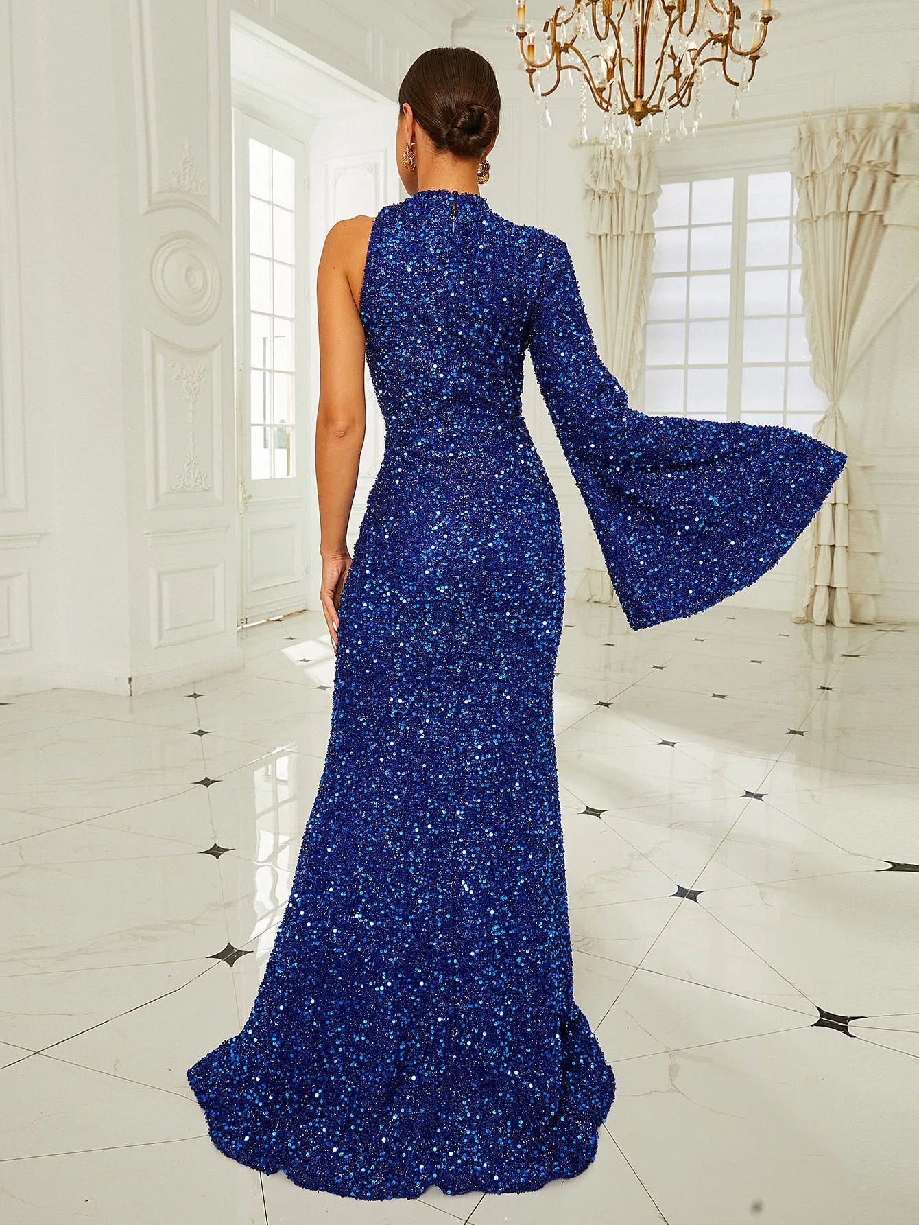 One Shoulder Asymmetrical Cut-Out Sequin Mermaid Prom Maxi Dress