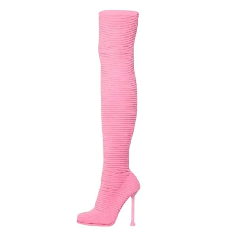 Knit Stretch Fabric Square Toe Elastic High Heel Sock Boots