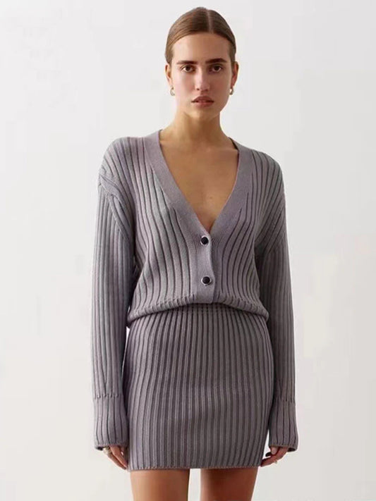 Knitted V-neck Long Sleeve Single Breasted Knitted Cardigan & Mini Skirt Set