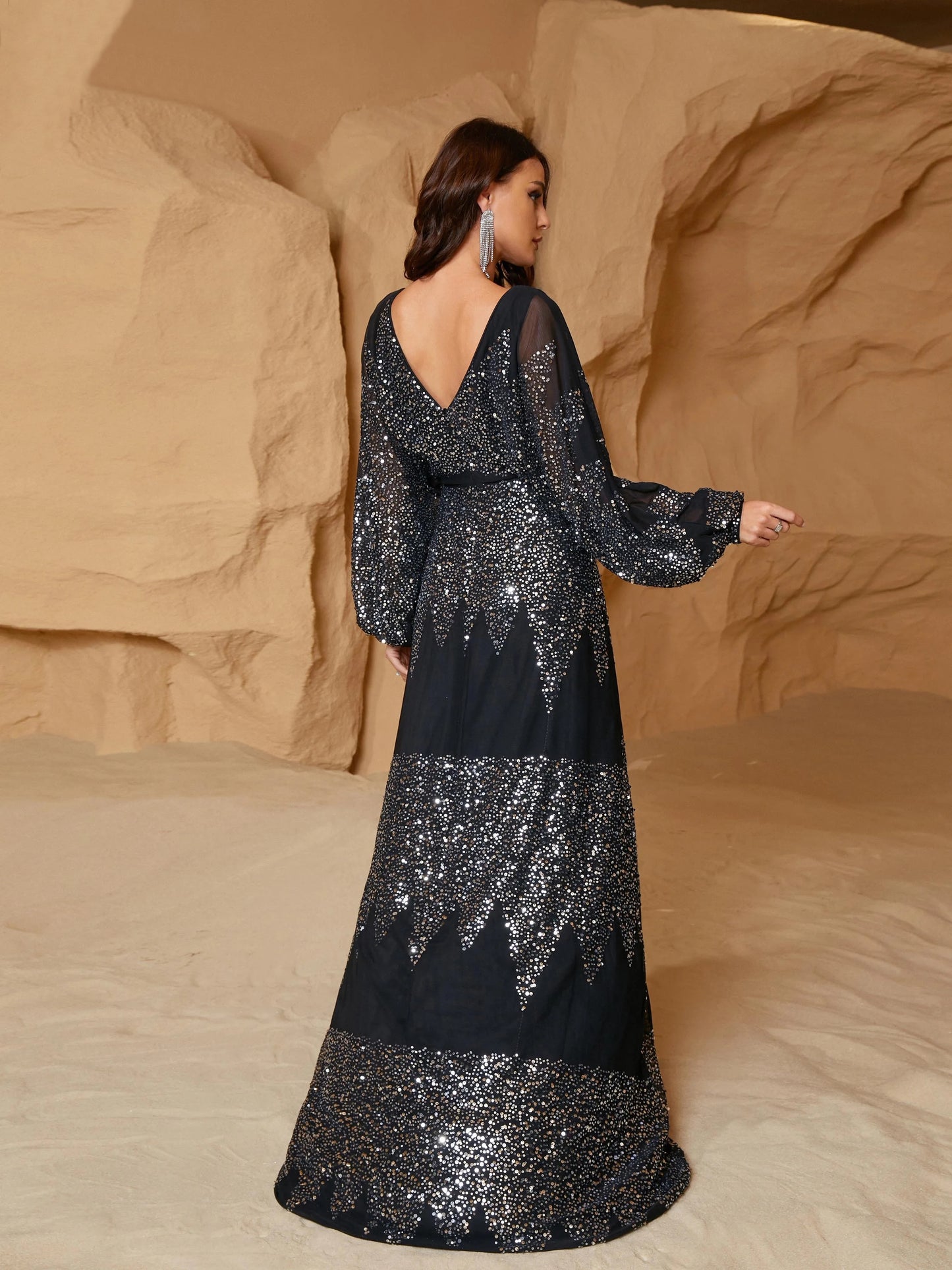 V Neck Lantern Sleeves Split A-line Prom Maxi Dress