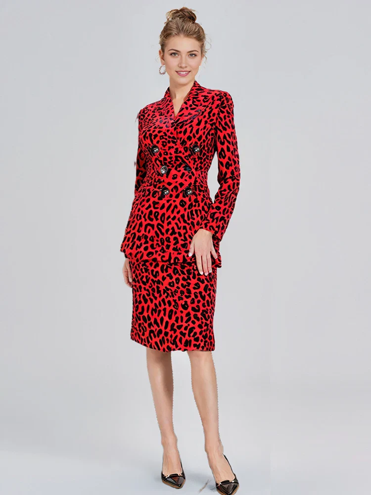 Notched Collar Long Sleeve Blazer High Waist Mid Skirt Leopard Set