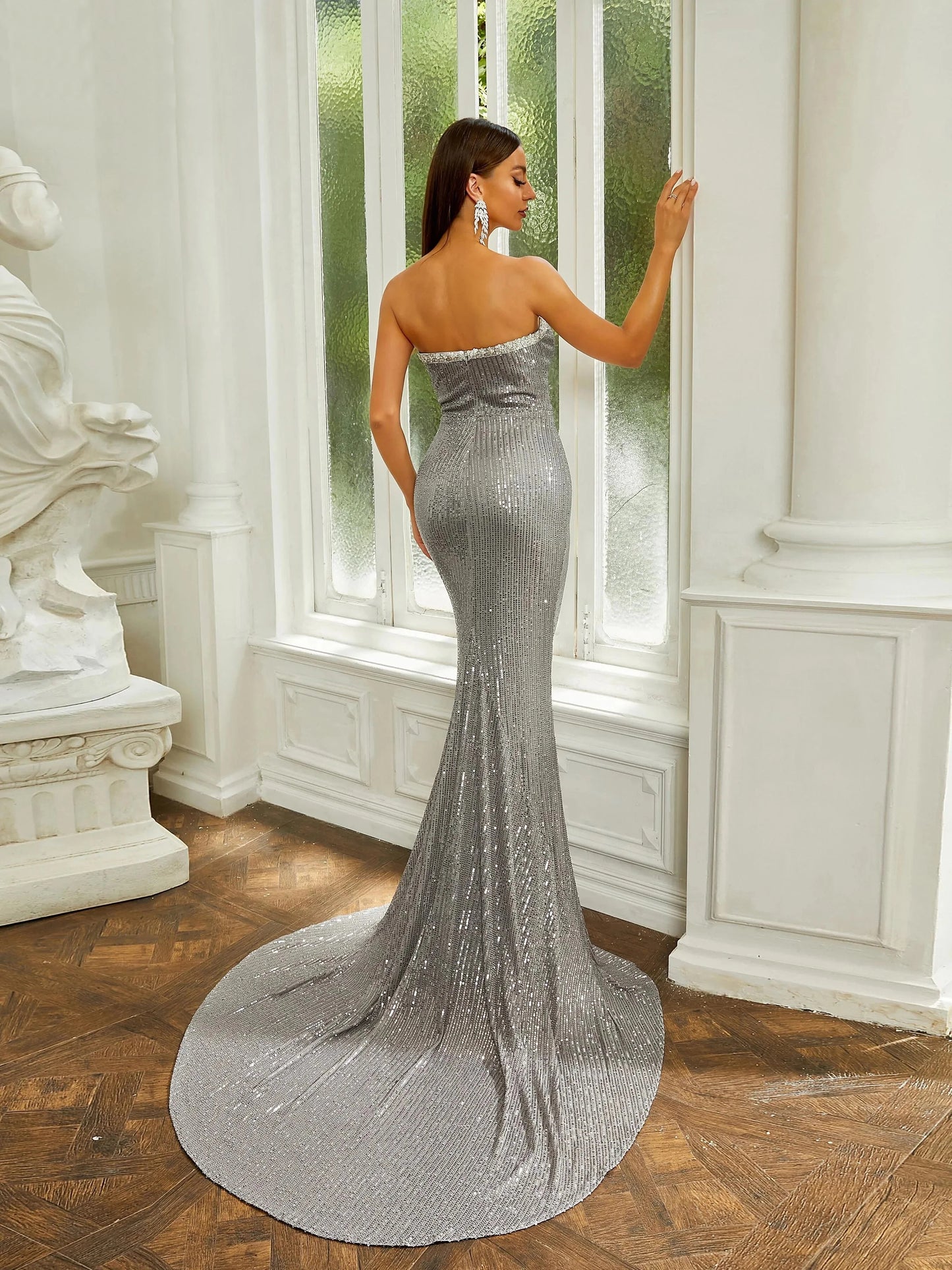 Strapless Grey Sequin Floor Length Chic Mermaid Maxi Dress