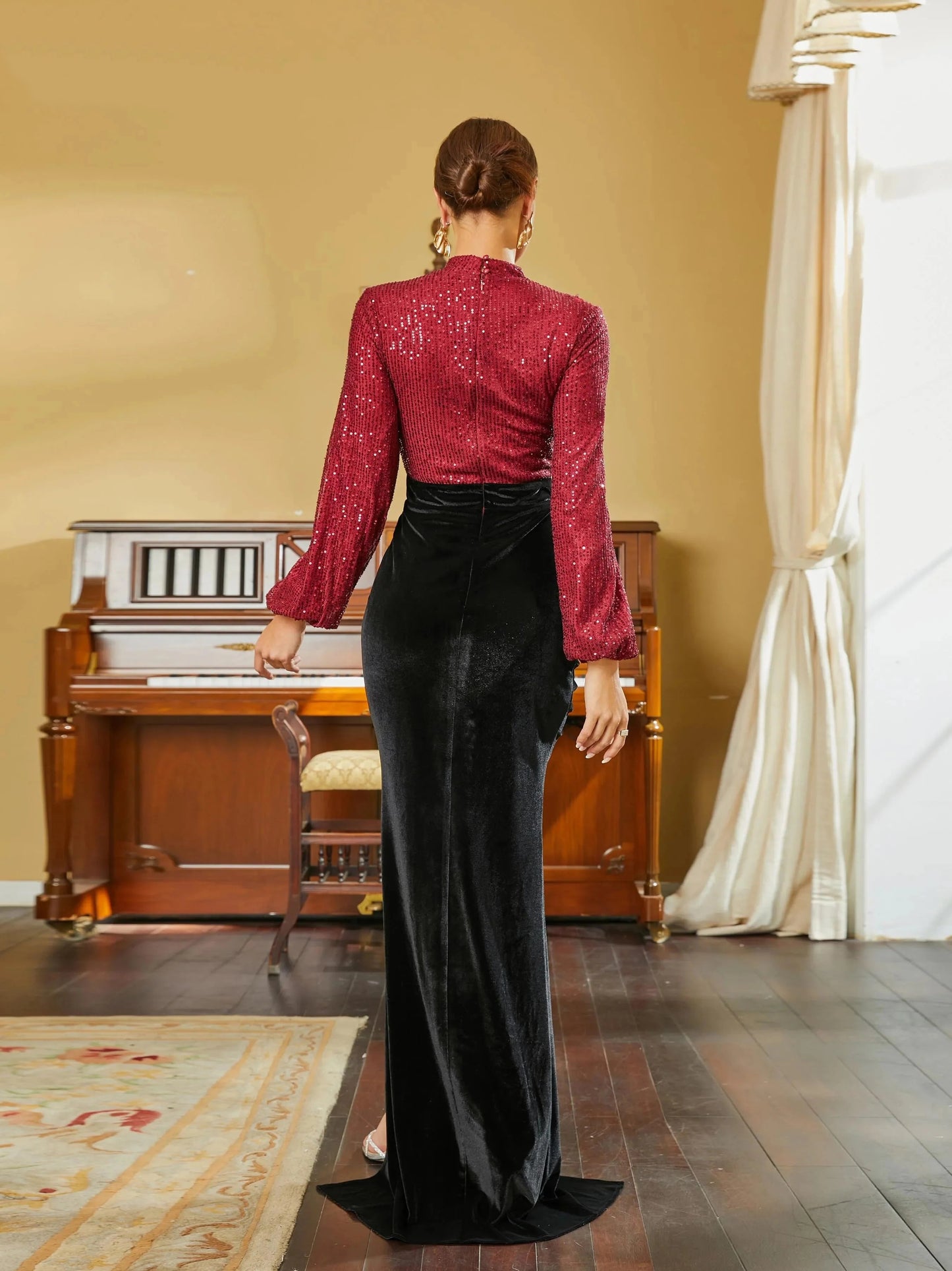 O Neck Long Sleeve Sequin Panel Velvet Split Formal Prom Maxi Dress