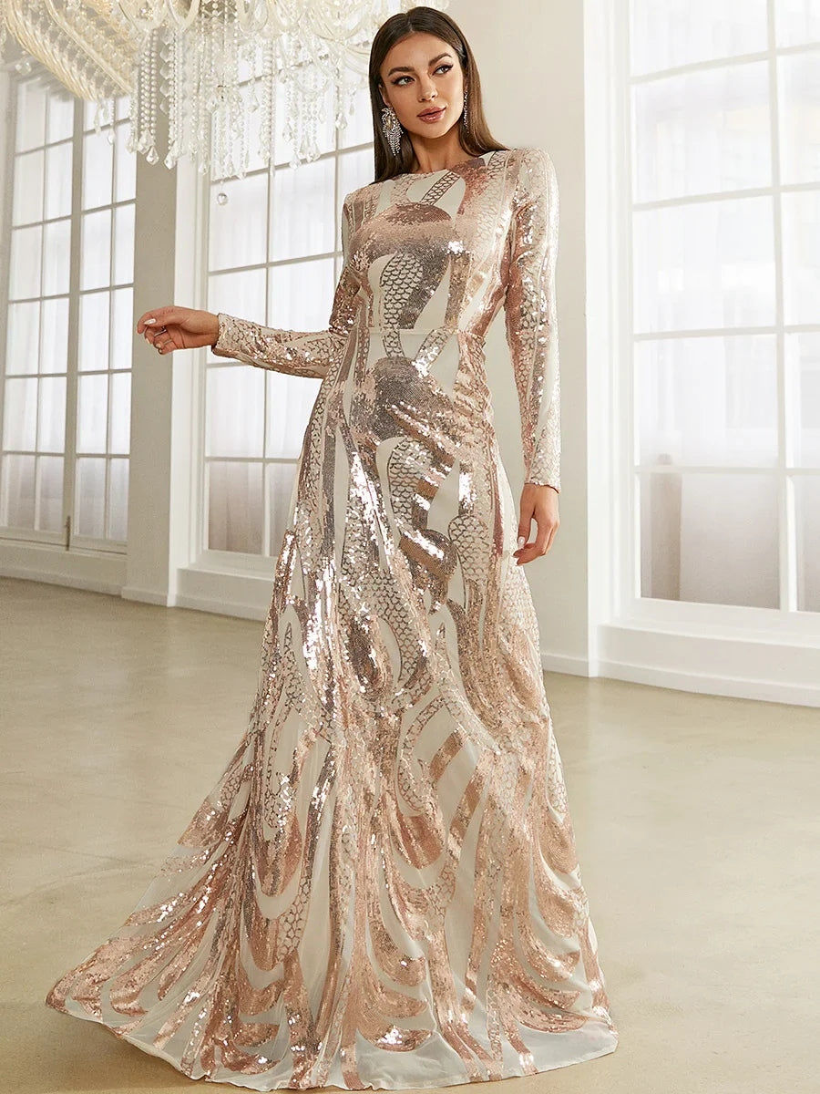 O Neck Long Sleeve Sequin A Line Germanic Patterned Prom Maxi Dress