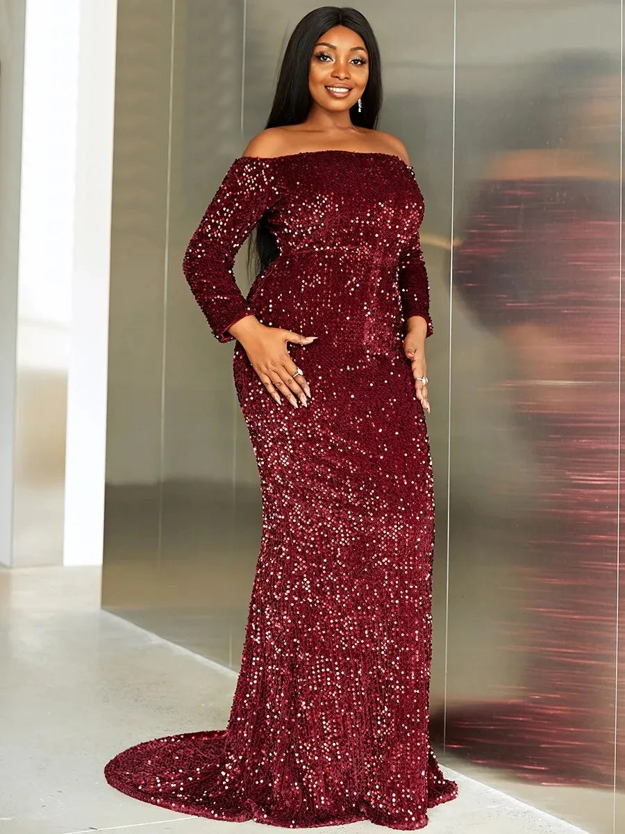 Off Shoulder Sequin Long Sleeves Backless Mermaid Maxi Dress