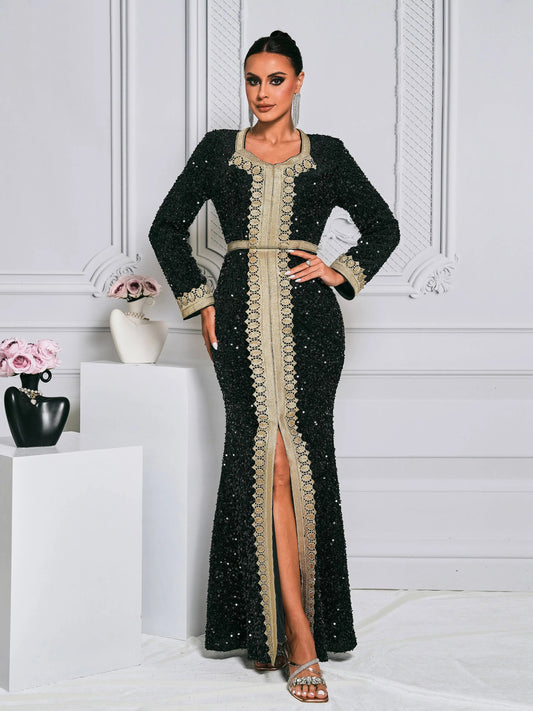 O-Neck Long Sleeve Sequin Evening Prom Maxi Dress