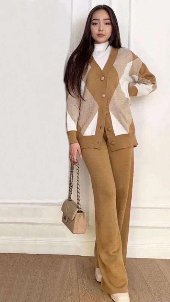 Knitted Long Sleeve Loose Single Breasted Cardigan Flare Trouser Set