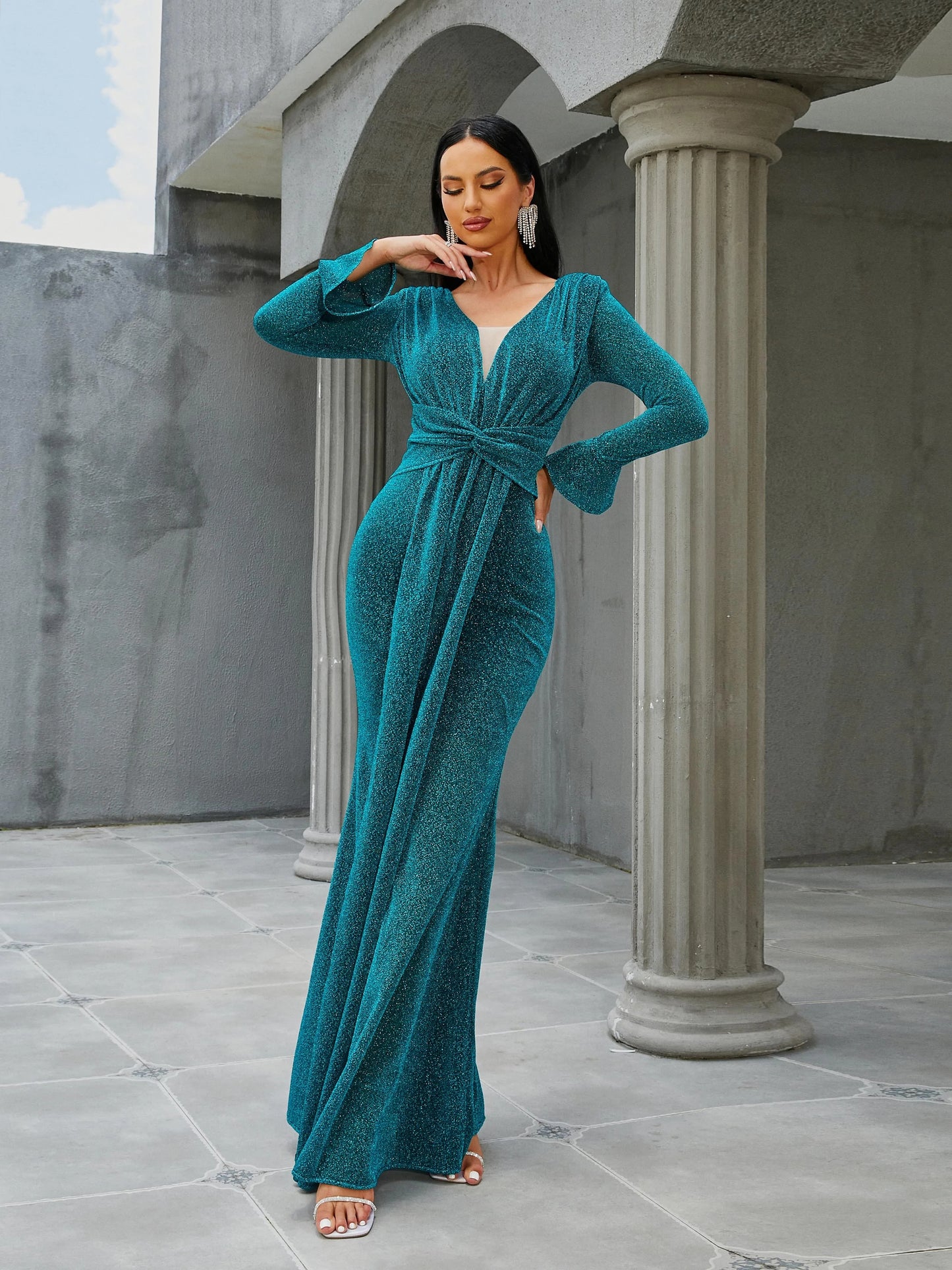 Deep V Neck Long Sleeve Mermaid Formal Prom Maxi Dress