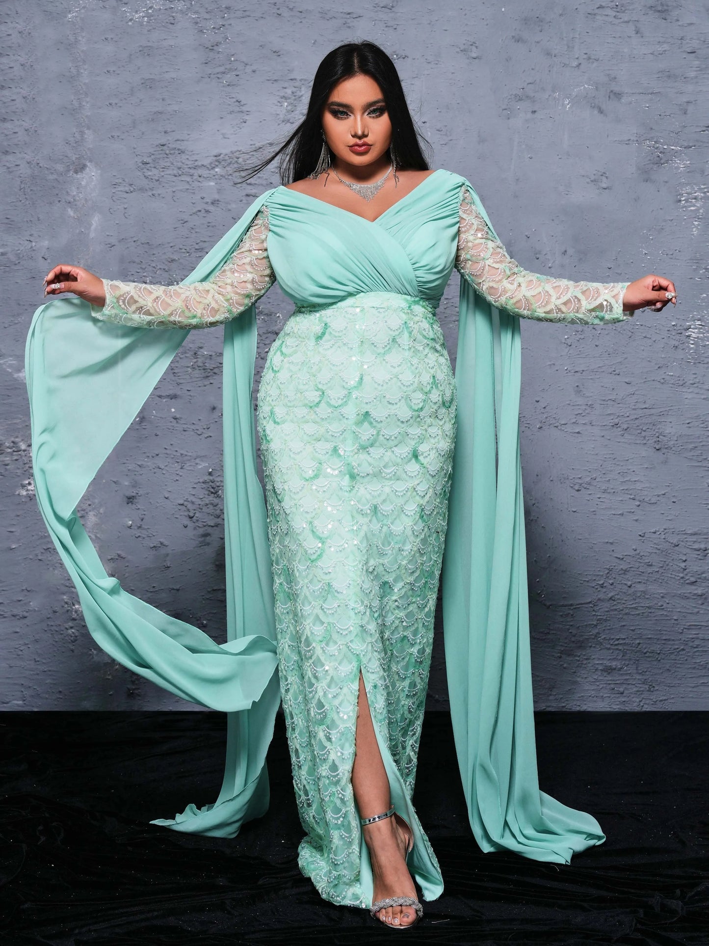 Sequin Flowing Sleeve V Neck Panel Mermaid Maxi Dress