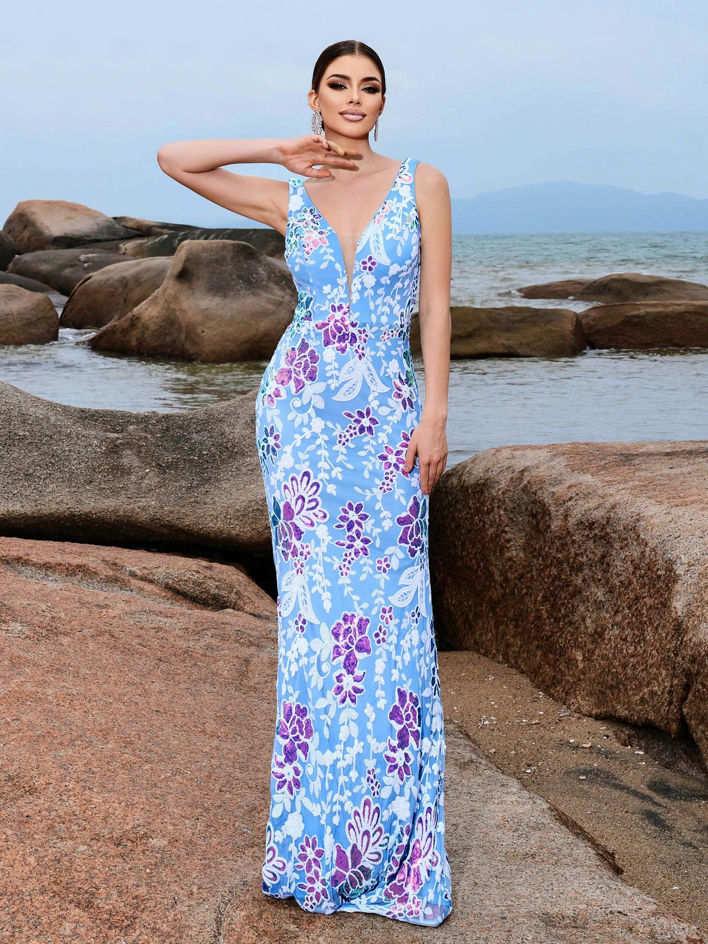 Light blue Chic V Neck Sequin Mermaid Maxi Dress