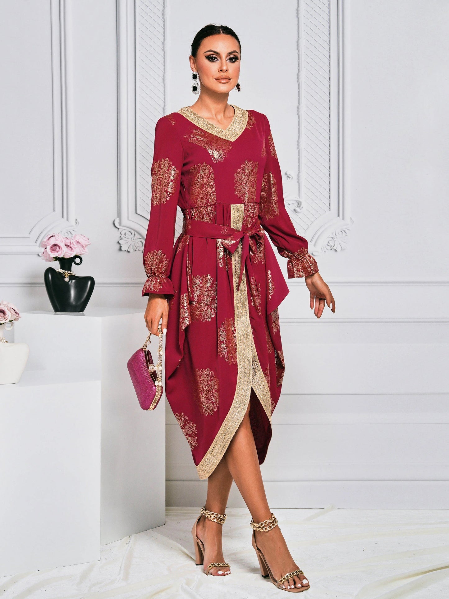 V-Neck Sequin Lace up Robe Mid Dress