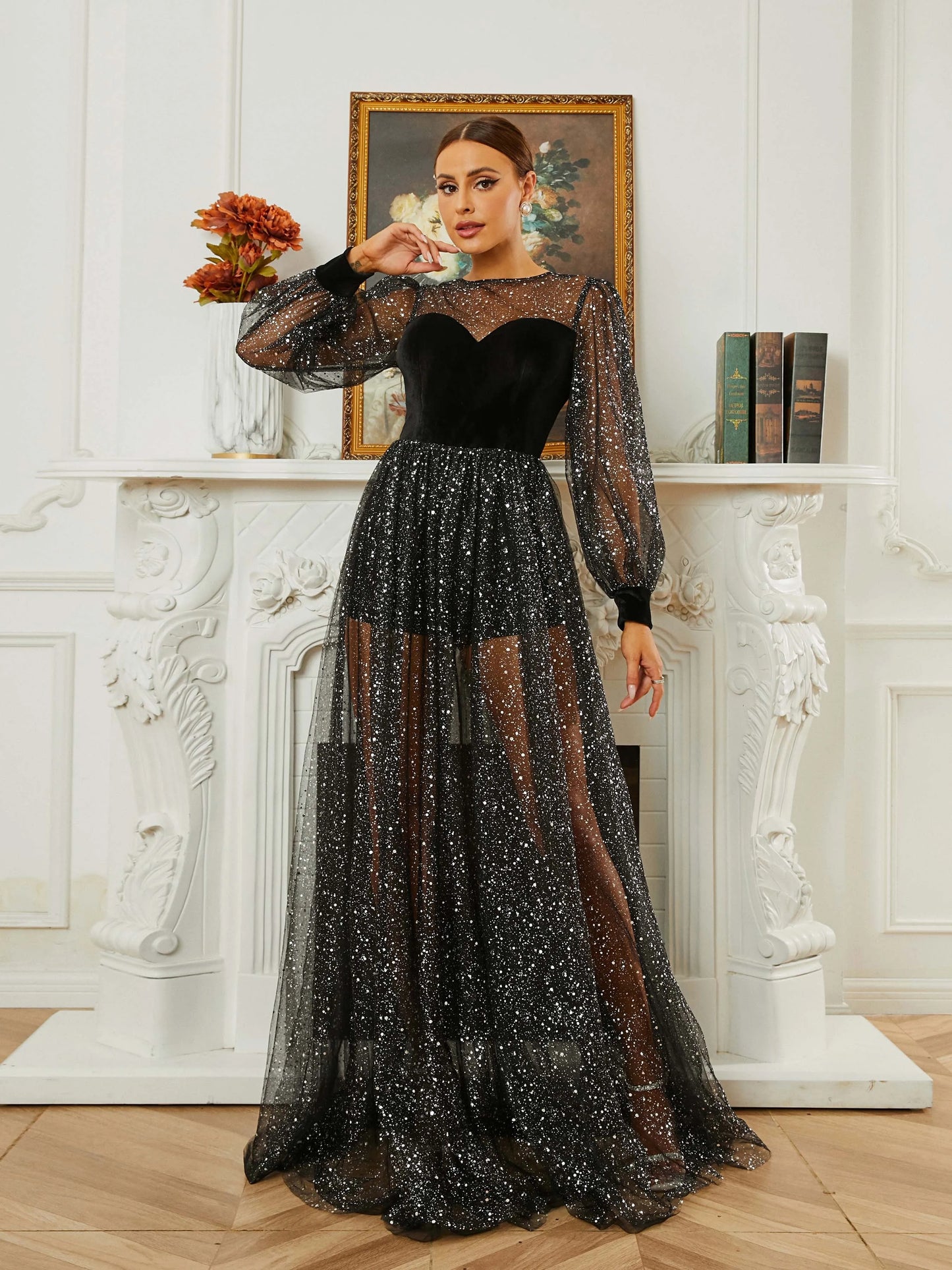 O Neck Long Sleeve Lace Ruffled A Line Formal Maxi Dress