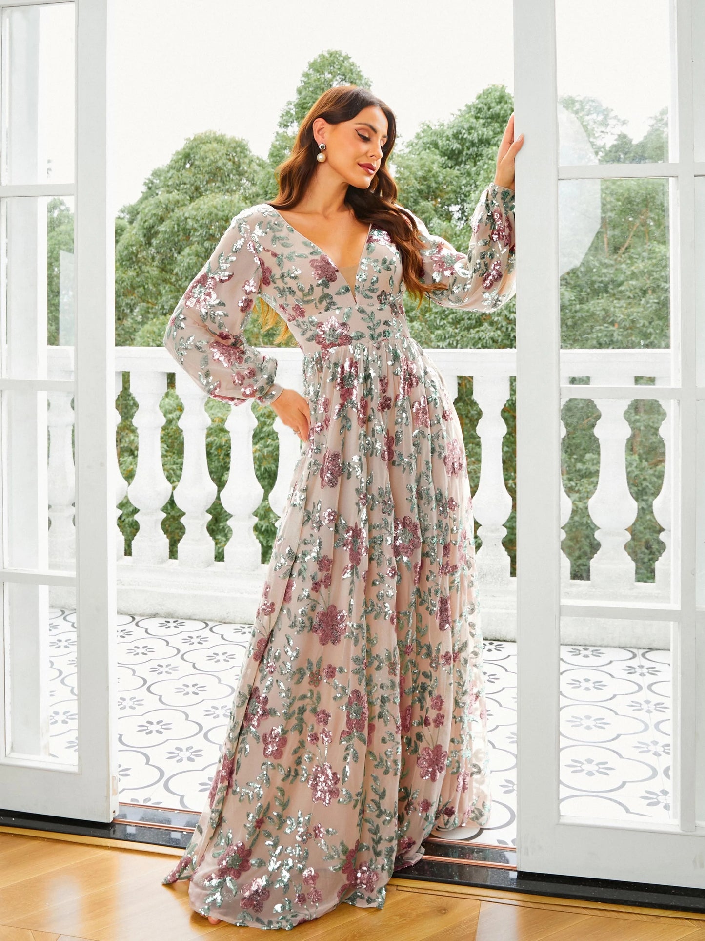 Long Sleeve V Neck A Line Floral Print Prom Maxi Dress