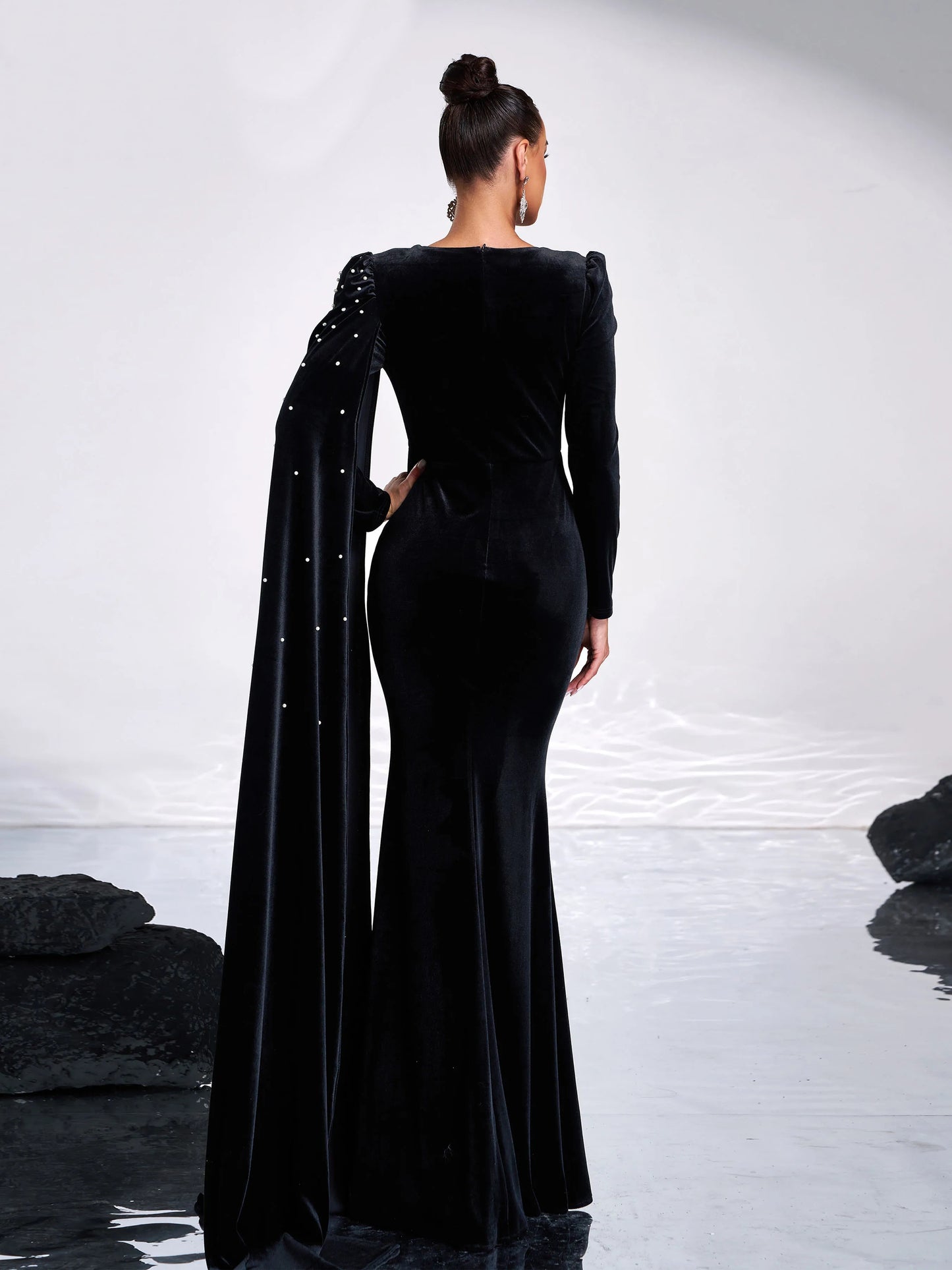 Draped O Neck Long Sleeve Velvet Formal Mermaid Maxi Dress