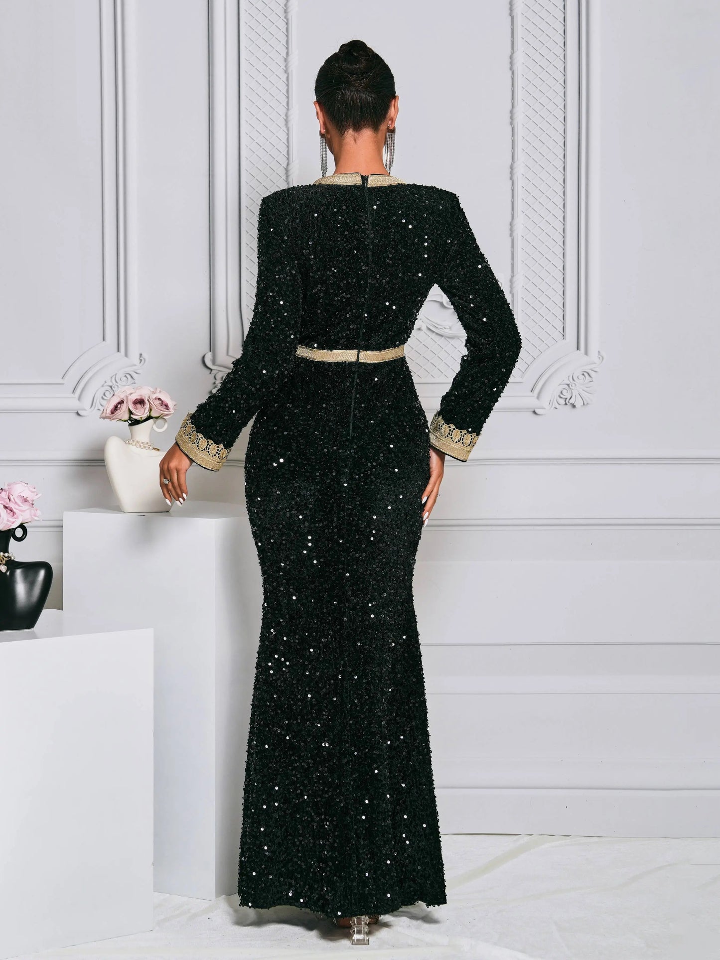 O-Neck Long Sleeve Sequin Evening Prom Maxi Dress