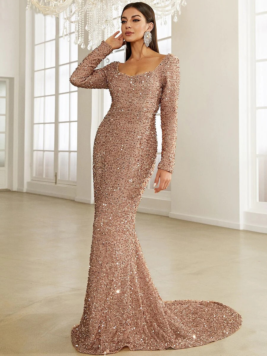 Square Neck Long Sleeve Mermaid Floor Length Sequin Dress